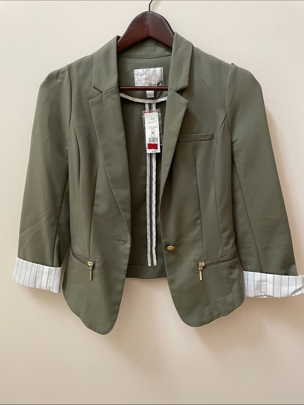 2000s Dynamite Olive Cropped Structured Girlfriend Blazer with Gold Zippers
